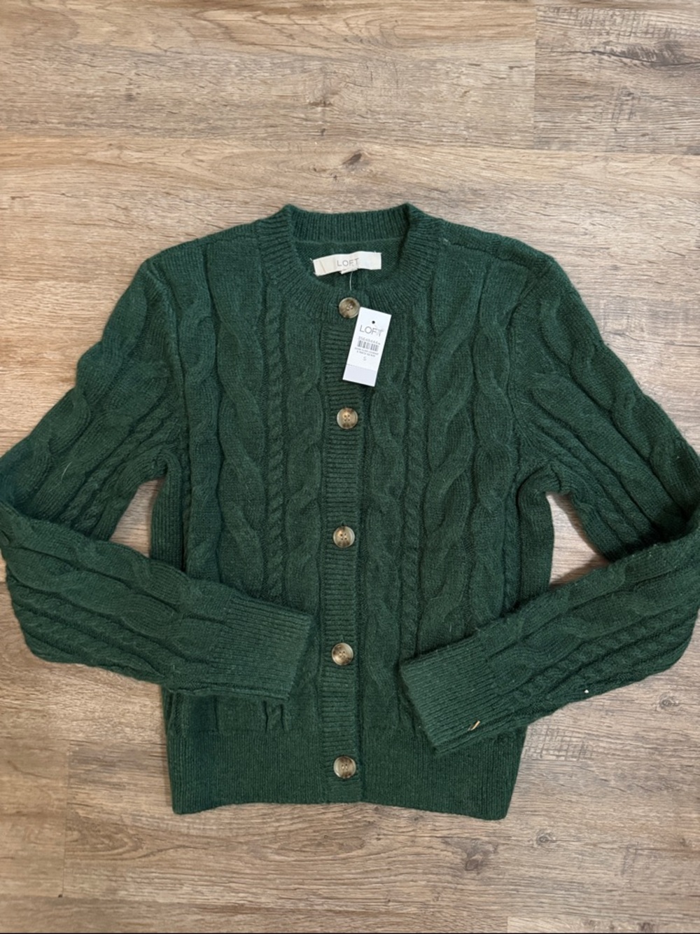 LOFT Dark Green Cable-Knit Button Cardigan